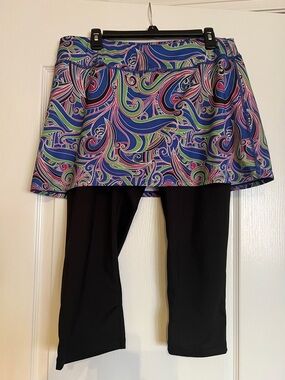 SkirtSports Black Capri Leggings with Blue, Green, Pink, Purple Swirl Skirt